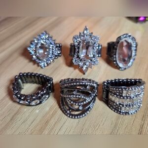 Elegant Black/Gunmetal Paparazzi Crystal Ring Set; LOT of 6